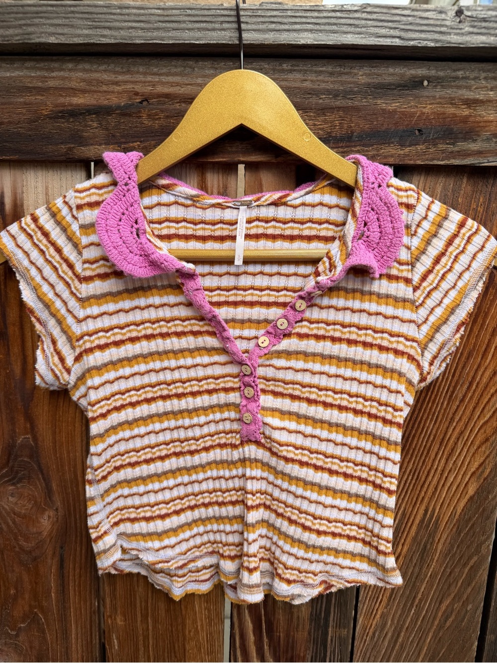 Free People Delilah Henley Striped Crochet Collar Crop Polo Top Size S